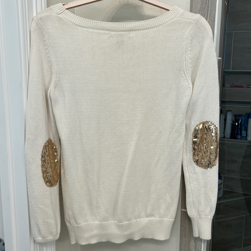 Banana republic white sweater with gold glitter, elbow pads, size small